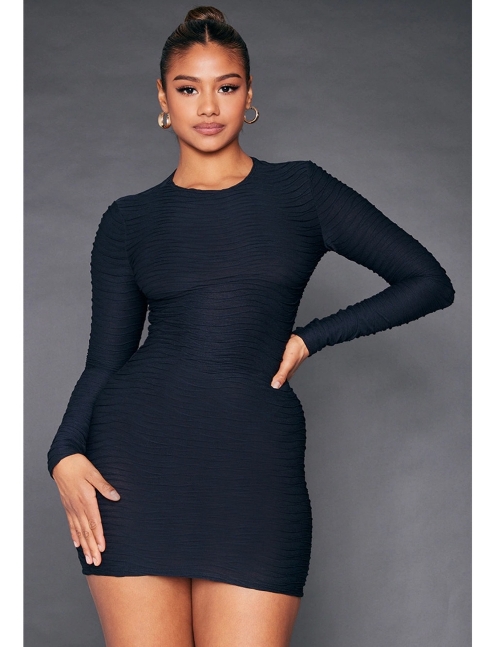 Pretty Little Thing Long Sleeve Textured Bodycon Dress - Black
